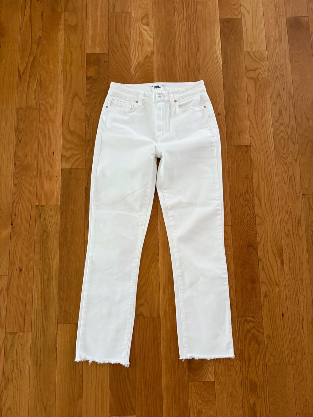 PAIGE White Straight Leg Jeans with Frayed Hem